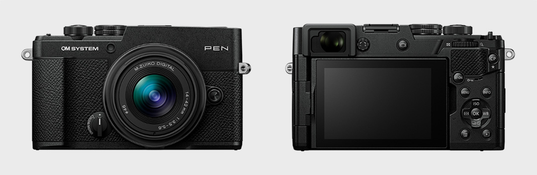 东方摄影|奥之心 OM SYSTEM PEN 黑色版机顶,双机械拨盘与内置 EVF 窗口