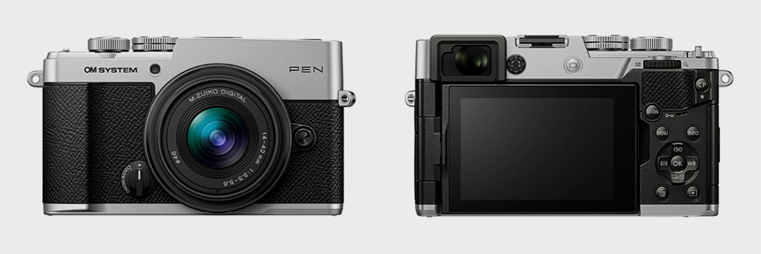 东方摄影|奥之心 OM SYSTEM PEN 银色版机顶,双机械拨盘与内置 EVF 窗口